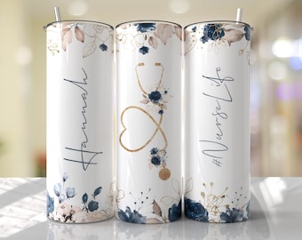 Nurse Life Navy Blue Gold Floral Sublimation Tumbler Seamless Sublimation Designs Downloads - Skinny Tumbler 20oz Design - PNG