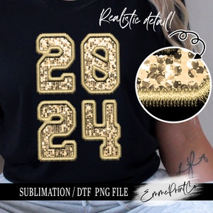 May include: A black t-shirt with gold glitter-like numbers "2024" on the front. The numbers have a stitched outline. The text "Realistic detail" and "SUBLIMATION/ DTF PNG FILE" are also on the shirt.