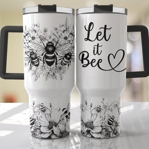 Emballage de gobelet noir et blanc 40 oz - Let it Bee Quote Floral Seamless PNG Tumbler Design Sublimation Designs Téléchargements - PNG