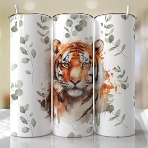 Tiger Tumbler Wrap PNG: Watercolor Floral Design (20oz Skinny Tumbler)