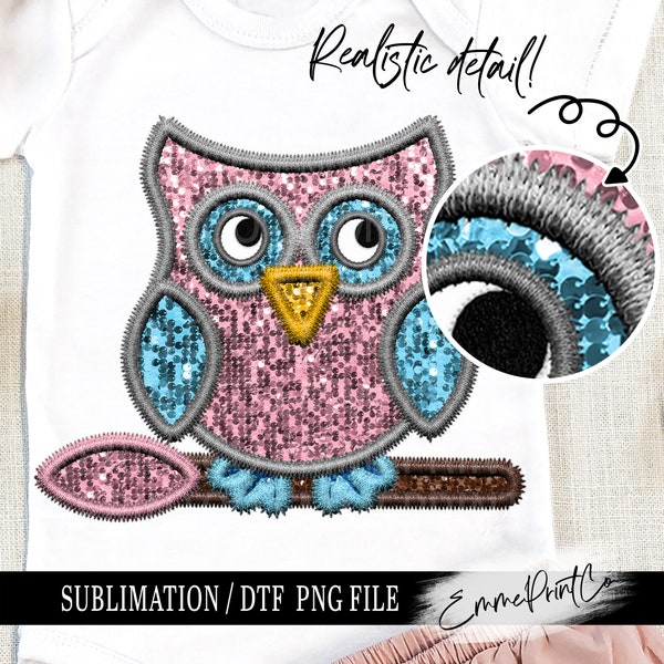 Faux Embroidery Owl - Pink - Sequins Glitter Sublimation Design Download PNG - DTF  Download - Shirts  EmmePrintCo