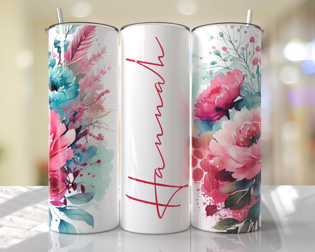 Floral Tumbler, Sublimation Tumbler, Add your own text or name, Pink  flowers, Seamless floral design 20oz Skinny Tumbler Wraps PNG