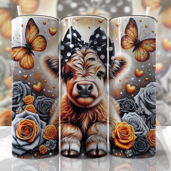 Highland Cow - Butterflies Valentine's Day - 20oz Skinny Seamless Tumbler Wrap PNG - Sublimation Tumbler Template - EmmePrintCo