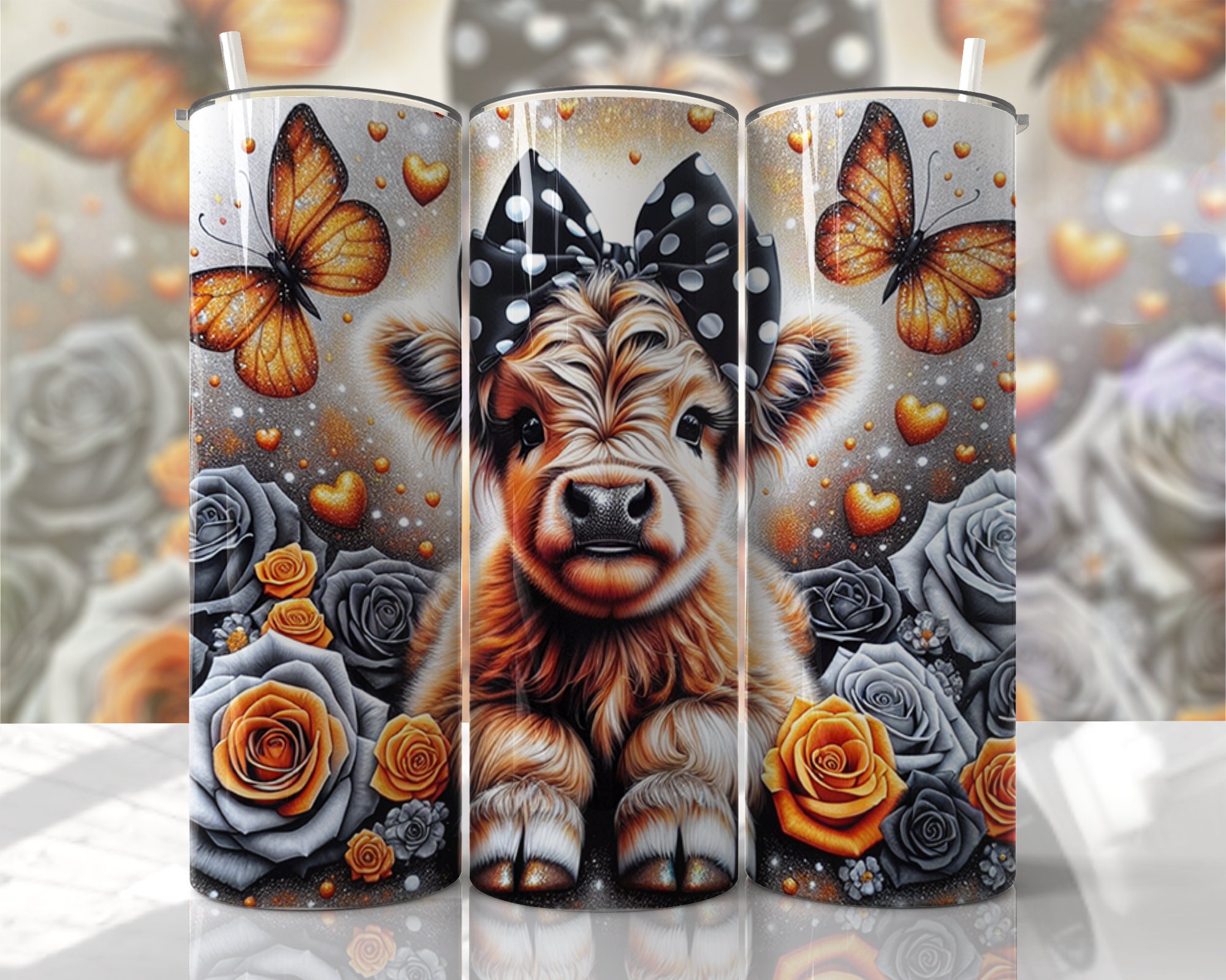 Highland Cow - Butterflies Valentine's Day - 20oz Skinny Seamless Tumbler Wrap PNG - Sublimation Tumbler Template - EmmePrintCo