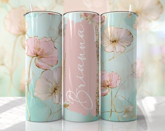 Pink Blue - Floral - 20oz Skinny Seamless Tumbler Wrap PNG - Sublimation Tumbler Template - EmmePrintCo