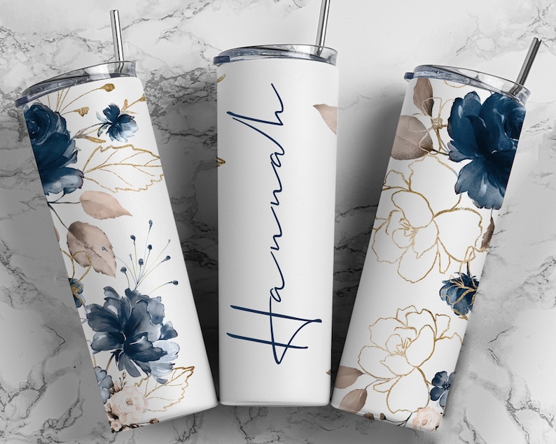 Add Your Own Name Navy Blue Gold Floral Sublimation Tumbler Seamless Sublimation Designs Downloads - Skinny Tumbler 20oz Design - PNG 2022 