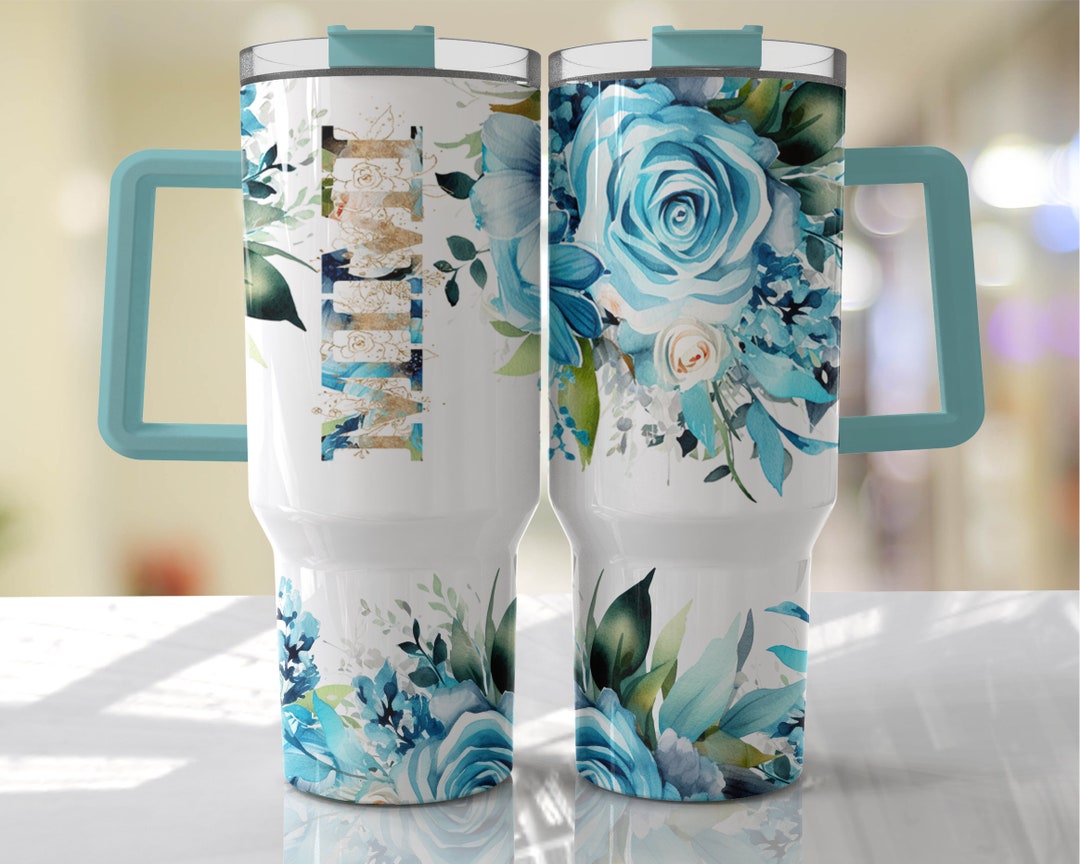MIMI Bright Aqua Floral 40oz Quencher Tumbler Wrap - Seamless PNG ...