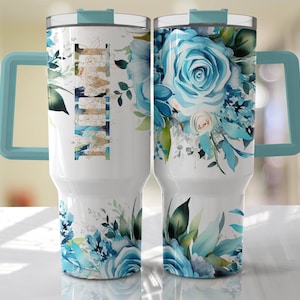 MIMI Bright Aqua Floral 40oz Quencher Tumbler Wrap -  Seamless PNG Tumbler Design Sublimation Designs Downloads - PNG