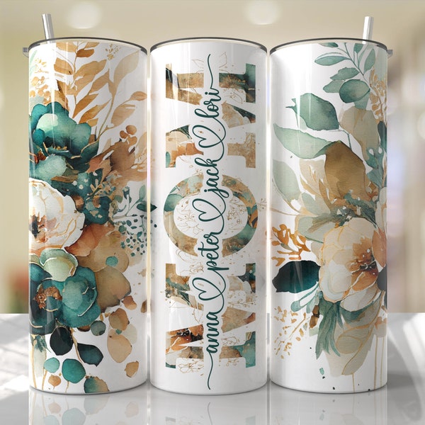 MOM Split Add Kids Names Tumbler Wrap Emerald Green Floral Mother's Day Seamless Designs - Skinny Tumbler 20oz Design - PNG 2023