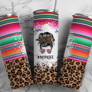 Mom Life Leopard Serape Cores Brilhantes Mom Bun Hair Engraçado Seamless Sublimation Designs Downloads - Skinny Tumbler 20oz Design - PNG 2021