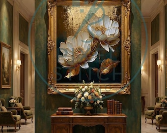 Texture florale blanche dorée | Fleur élégante| Art mural imprimable | Décoration d'intérieur moderne