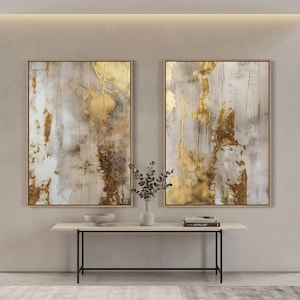 Set med 2 guldfärgade abstrakta canvastavlor, texturerad neutral modern väggkonst (digital nedladdning)