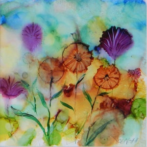 May include: Abstract watercolor painting of purple and orange flowers with green stems on a blue and yellow background.