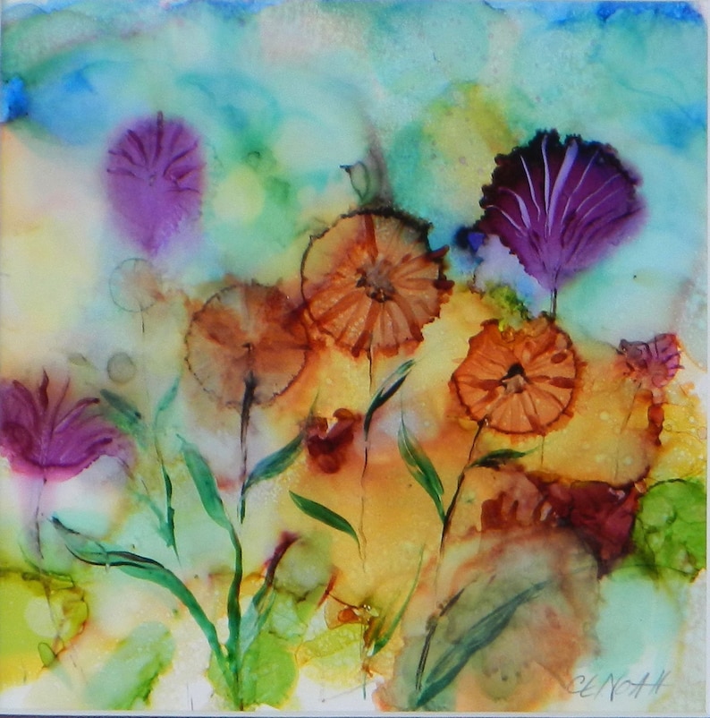 May include: Abstract watercolor painting of purple and orange flowers with green stems on a blue and yellow background.