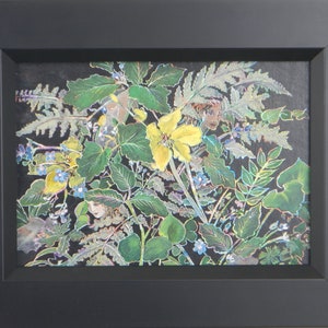 May include: A framed painting of a dark green, yellow, and blue floral arrangement with two faces peeking out from behind the flowers.