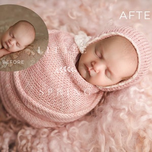 May include: A newborn baby wrapped in a soft, pink knitted wrap and matching bonnet. The baby is sleeping peacefully on a fluffy, light pink blanket. The image includes the text "LITTLE SPRING" and "AFTER".