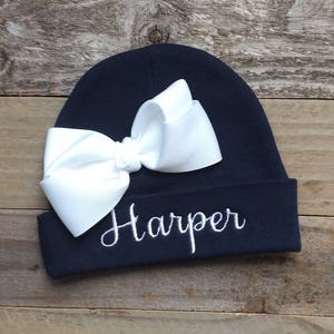 Personalized Newborn Beanie Hat Navy- Baby Girl Bow Hat- Embroidered Newborn Name Hat