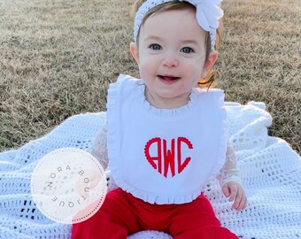 Personalized Baby Girl Ruffle Bib - Baby Girl Valentine Bib- Monogrammed Baby Bib- Red Valentine Monogram Bib- Baby Girl Ruffle Bib