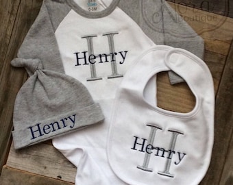 Monogram Baby Boy Gown- Grey Raglan Personalized Baby Gown- Baby Boy Take Home Outfit- Raglan Gown