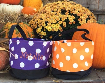 Personalized Embroidered Toddler Trick Or Treat Candy Bucket, Polka Dot Halloween Bucket, Candy Bag, Halloween Bucket