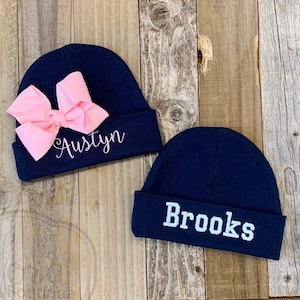 Personalized Newborn Beanie Hat- Baby Girl Bow Hat- Embroidered Newborn Name Hat