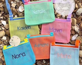 Personalized Seashell Mesh Bag, Custom Embroidered Kids Shell Beach Bag, Monogrammed Sea Shell Bags…Summer Beach Accessories with Name