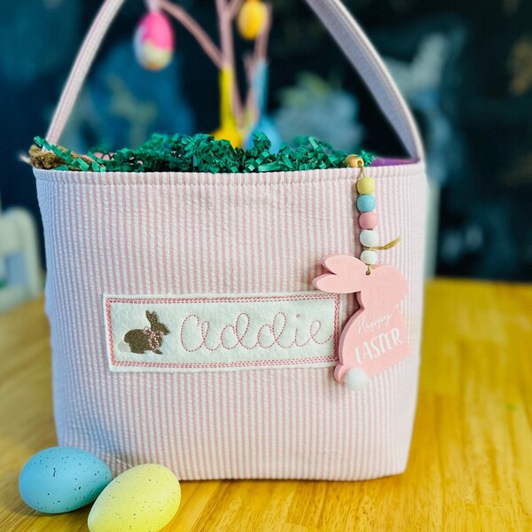 Kids Easter Basket, Custom Personalized Embroidered Easter Basket, Easter Bucket- Monogram Easter Basket, Seersucker Easter Tote, Egg Hunt