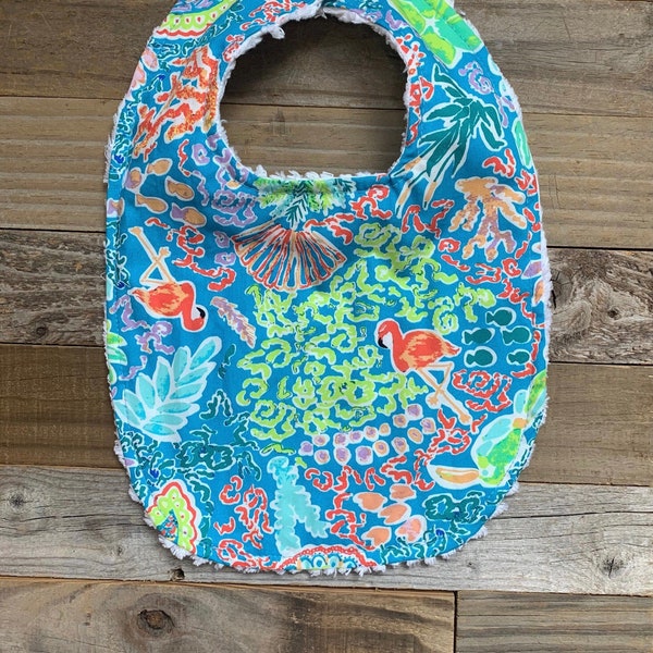 Personalized Summer Baby Bib - Baby Bib- Beach Baby Bib- Coral Flamingo bib- Monogrammed Baby