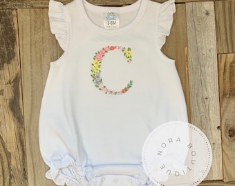 Monogrammed Bubble, Girls Spring Summer Bubble, Floral Flower Monogram, Personalized Baby Clothing, Baby Shower Gift,