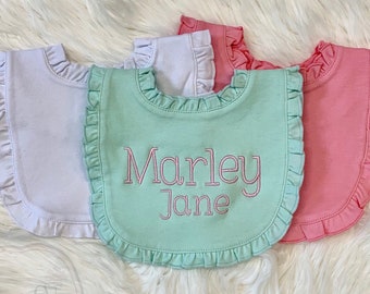Personalized Baby Girl Ruffle Bib - Baby Girl Bib- Monogrammed Baby Bib- Pink- Mint- White- Baby Girl Ruffle Bib