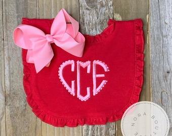 Personalized Baby Girl Ruffle Bib - Baby Girl Valentine Bib- Monogrammed Baby Bib- Red Valentine Monogram Bib- Baby Girl Ruffle Bib