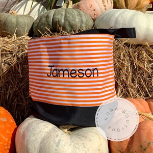 Personalized Embroidered Trick Or Treat Candy Bucket, Stripe Halloween Bucket, Candy Bag