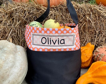 Personalized Embroidered Trick Or Treat Candy Bucket, Polka Dot Halloween Bucket, Candy Bag, Halloween bag