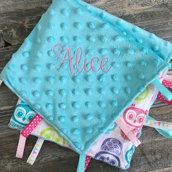 Personalized Baby Girl Lovey - Tag Blanket - Ribbon Lovey - Blankie- Sensory Ribbon Lovey- Owl