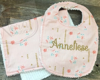 Personalized Baby Bib and Burp Cloth Set - Chenille Baby Girl Bib- Vintage Mint and Pink Floral Metallic- Monogrammed Baby