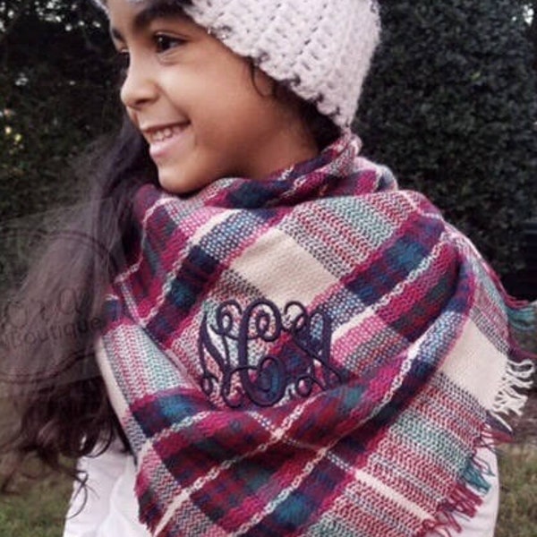 Girls Monogrammed Blanket Scarf- Kids Blanket Scarf- Personalized Girls Scarves