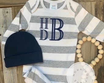 Monogram Baby Gown- Grey Striped Baby Gown- Baby Boy Take Home Outfit