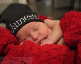 Personalized Newborn Beanie Hat Black- Baby Girl Bow Hat- Embroidered Newborn Name Hat