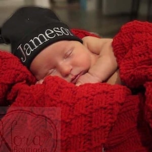 Personalized Newborn Beanie Hat Black- Baby Girl Bow Hat- Embroidered Newborn Name Hat