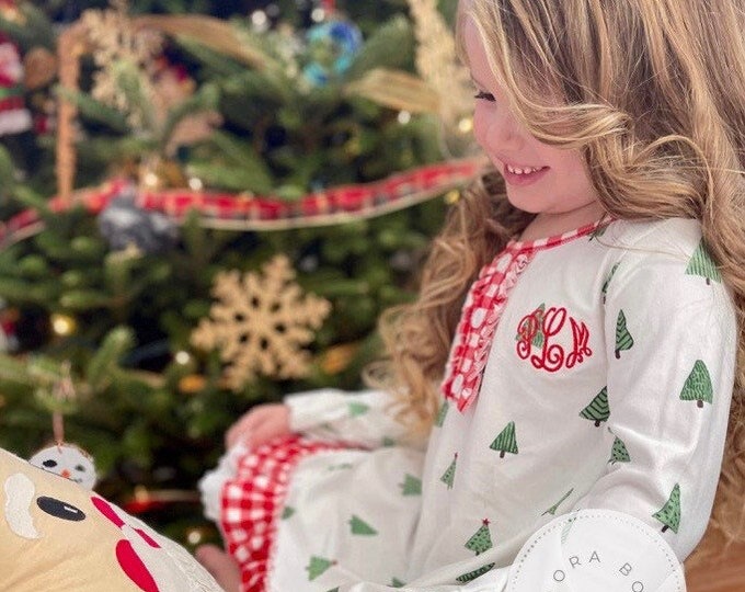 Monogrammed Christmas Tree Gown, Girls Christmas Morning Dress