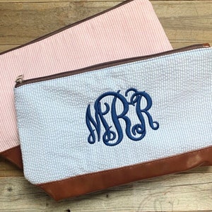 Monogrammed Seersucker Cosmetic Bag | Monogram Seersucker Makeup Bag | Seersucker Zip Pouch