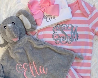Monogram Baby Gown- Striped Baby Gown- Baby Girl Take Home Outfit