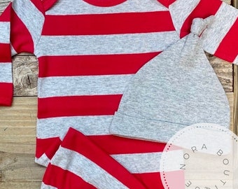 Monogram Baby Gown- Boys Valentine Gown- Valentine  Baby Gown- Red Striped Baby Gown- Baby Boy Take Home Outfit