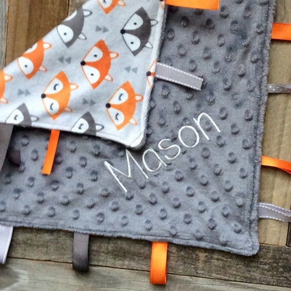 Personalized Baby Fox Lovey - Tag Blanket - Ribbon Lovey - Grey Fox Blankie- Sensory Ribbon Lovey