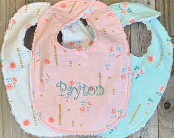 Personalized Baby Bib - Chenille Baby Girl Bib- Vintage Mint and Pink Floral Metallic- Monogrammed Baby