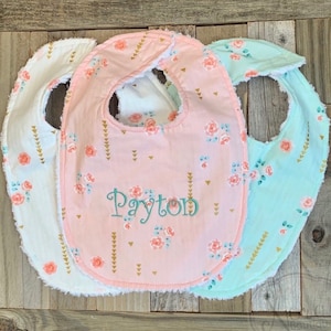 Personalized Baby Bib - Chenille Baby Girl Bib- Vintage Mint and Pink Floral Metallic- Monogrammed Baby