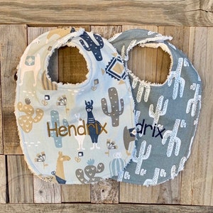 Personalized Baby Bib Set - Chenille Baby Boy Bib- Vintage Cactus and Llama- Monogrammed Baby