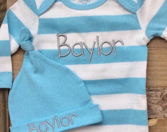 Monogram Baby Gown- Striped Baby Gown- Baby Boy Take Home Outfit