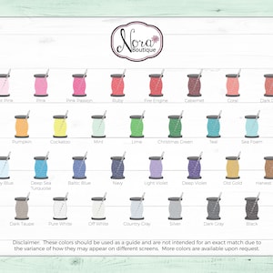 May include: A color chart from Nora Boutique, featuring a variety of thread colors. The chart displays spools of thread in shades like pink, blue, green, and brown, with color names below each spool. A disclaimer is at the bottom.