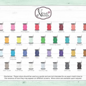 May include: A chart of 24 different thread colors, displayed in spools, with the color name printed below each spool. The colors include light pink, pink, pink passion, ruby, fire engine, cabernet, coral, dark coral, pumpkin, cockatoo, mint, lime, Christmas green, teal, sea foam, baby blue, deep sea turquoise, Baltic blue, navy, light violet, deep violet, old gold, harvest brown, dark taupe, pure white, off white, country gray, silver, dark gray, and black.